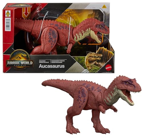 ​Mattel Jurassic World Rebirth Wild Roar Dinosaur Toy, Aucasaurus with Tail Controlled Chomp, Posable Multi Direction Attack & Sound, Digital Play, JGB88