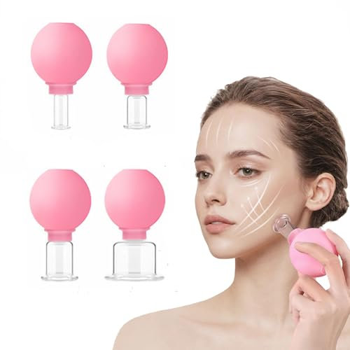 4 Pezzi Coppette in Vetro per Massaggio, Coppette Con Sfera di Aspirazione in Silicone, Coppettazione Facciale, Coppettazione Vetro, per Anticellulite, Antirughe per Occhi, Viso e Corpo (Rosa)
