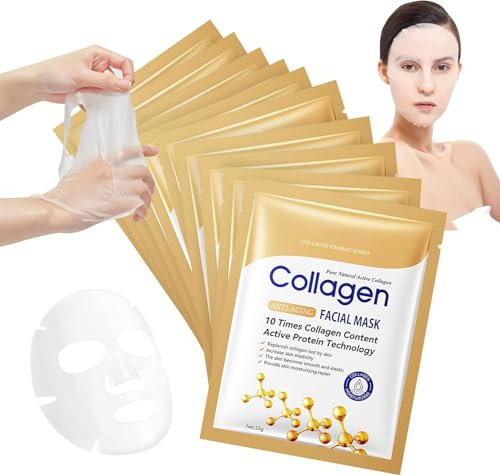 Ledeak 10 Piezas Mascarilla Facial Colageno, Mascarilla Colageno Facial Coreana, Calmante Hidratante Bio Collagen Real Deep Mask, Anti Wrinkle Lifting Korean Skincare para Todos Los Tipos de Piel
