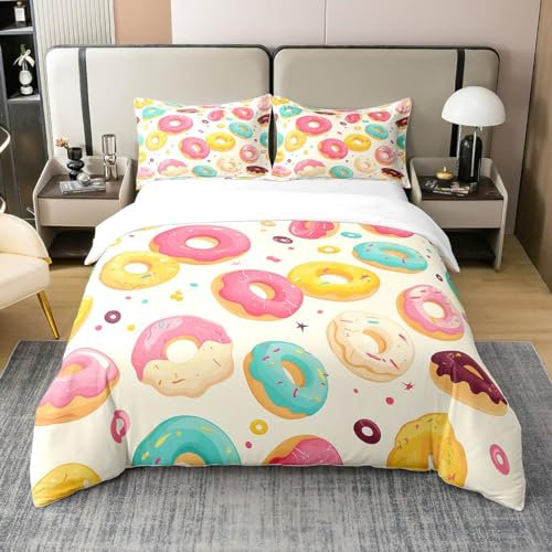 Homemissing Beignets sucrés 100% Coton Housse de Couette 240x260cm Beignets au Chocolat Literie Set Fille Dessert Whimsical Parure de Lit thème Alimentaire Ensemble de lit avec 2 taies d'oreiller