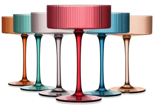 Chouggo Art Deco Colored Vintage Coupe Glasses, 9Oz Ribbed Crystal Hand Blown Martini & Cocktail Glasses, Perfect for Dessert, Manhattan, Cosmopolitan, Gimlet, Pisco Sour