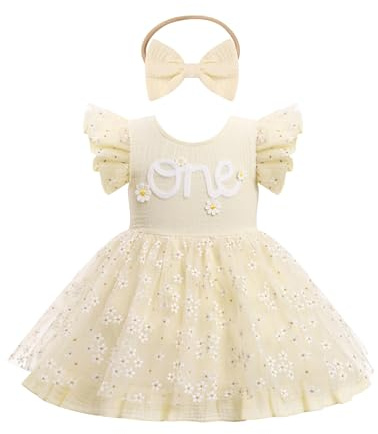 FYMNSI Baby M�dchen Erster 1. Geburtstag Outfit Kleinkind Prinzessin 1 Jahr Partykleid Blumen T�t� T�ll Bodykleid mit Stirnband Fotoshooting Taufkleid Festkleid Sommerkleid Beige 9-12 Monate