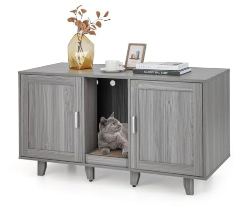 FANTASK Katzenschrank mit 2 Türen & Kratzbrett & Eingang, Katzenmöbel Beistelltisch für 2 Katzen, 120x52x65cm (Dunkelgrau)