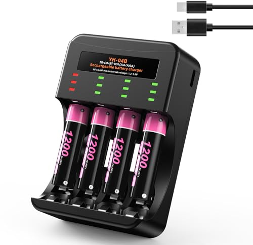 AAA Akkus Wiederaufladbar mit Ladegerät 4er-Pack,Akku-Ladegerät AA/AAA für NI-CD/NI-MH,Aufladbare Batterien AAA NiMH 1.2V 1200mAh, für Gigaset Telefon,Talkie,Kamera,Spielzeug,Walkie