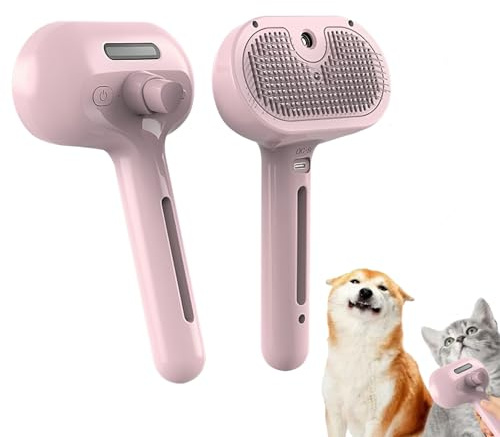 Zauberstab für Tierhaare, Haustierspray Haarentfernungskamm mit Dampfgarer, 3 in 1 Massagebürsten mit Griff, wiederaufladbarer Reinigungssprühkamm - lang/kurz Enthaarung, für Katze und Hund (Rosa)