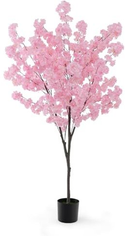 COSTWAY Árbol Artificial de Cerezo, Planta Artificial con 900 Flores Rosas, Tronco de PE y Base de Cemento, No Requiere Montaje, Planta Floral Falsa en Maceta para Oficina Casa Boda (190 cm)