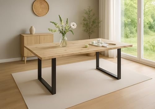 SAM Esstisch Harley 120x80 cm Akazie Natur Baumkante U-Gestell schwarz | Baumkantentisch massiv, Akazienholz naturfarben lackiert, Metallgestell, pflegeleichter Esszimmertisch/Küchentisch