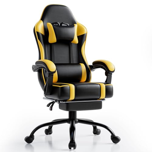 HOTOSYCH Sedia Gaming Ergonomica, Poltrona Gaming con Schienale Regolabile, Sedia da Gamer con Poggiatesta e Supporto Lombare, Sedia Gamer in Pelle Sedia Gaming con Poggiapiedi (Giallo)