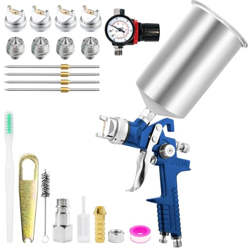 HVLP Pistola a spruzzo con tazza in alluminio da 1000 cc e 4 ugelli da 1,4 mm, 1,7 mm, 2,0 mm, 2,5 mm, H-827, sistema professionale di spruzzatura a spruzzo per auto, mobili, verniciatura a parete