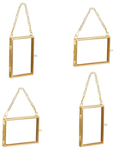 Alpertie 4PCS Glass Frame for Pressed Flowers, 2x3 Inch Mini Brass Hanging Photo Frame Double Glass Frame with Chain DIY Vintage Home Decor (Horizontal & Vertical)