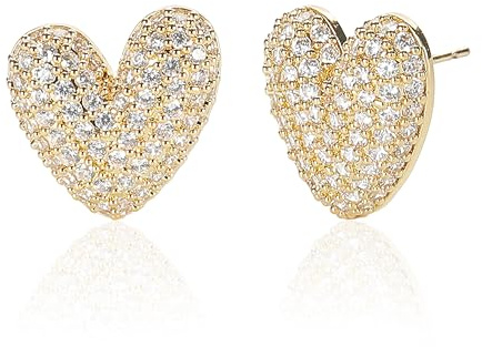 Heart Earrings for Women Silver Heart Stud Earrings 14K Gold Plated Sterling Silver Post Bling Jewelry Anniversary Valentine's Day for Daughter Mom Sister Friend