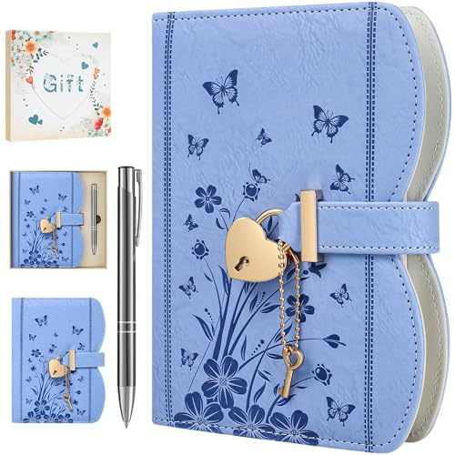 HwxBen Journal intime avec cadenas et clé – Coffret cadeau fille 8 à 13 ans, carnet secret avec stylo et marque-page, rechargeable format B6, 244 pages, Bleu clair