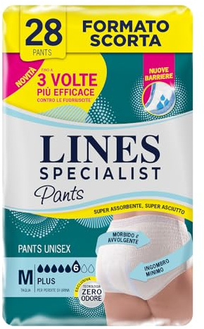 Lines Specialist Pants Plus Unisex, Mutande Assorbenti per Incontinenza Donna e Uomo, Asciutto Lampo e Massima Protezione, Zero Odore, Taglia M, Confezione da 28 Pezzi | Per perdite di urina medie e abbondanti, morbido e avvolgente, per Donna e Uomo, Zero Odore, scorta, 4 Confezione da 7 Pezzi
