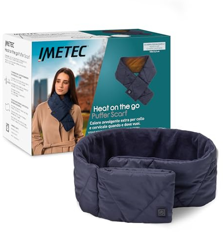 Imetec Heat On The Go Puffer Scarf - Sciarpa Riscaldante Cordless 3 Temperature, Blu - Calore Extra per Collo e Cervicale, Senza Fili Ricaricabile con Powerbank (non incluso)
