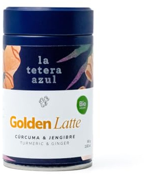 La Tetera Azul Golden Latte Ecológico 100%, Cúrcuma Latte con Jengibre, Canela y Cardamomo, Infusión Gourmet Antioxidante, 80g, Bebida Saludable y Digestiva para Disfrutar en Cualquier Momento