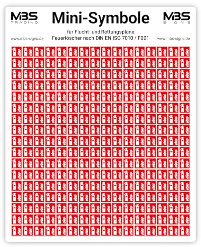 272 Stück Aufkleber Sticker „Feuerlöscher Mini-Symbole für Flucht- und Rettungspläne“ auf Bogen nach DIN EN ISO 7010 F001 | 1x1 cm Made in Germany