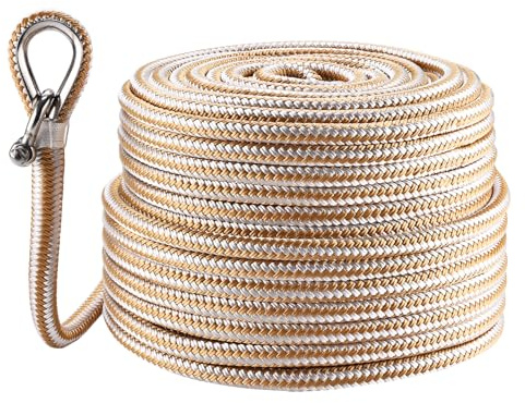 NovelBee Boat Anchor Rope 3/8 Inch x 200 Feet,Double Braid Nylon Anchor Line with Stainless Steel Thimble and Shackle,Heavy Duty Nylon Rope for Boat,Towing,Docking,Mooring (White&Gold)