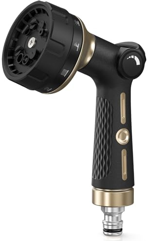 RAINPOINT Pistola Irrigazione Giardino in Metallo, 10 Modelli di Spruzzo, Controllo del Flusso a Pollice, Pistola Tubo Acqua Giardino Resistente per Annaffiatura e Pulizia, Nero