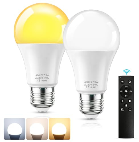 SCNNC A60 Bombilla LED E27 con Mando a Distancia 9W Regulable, 3 Temperaturas de Color 3000K-6500K, Bombilla E27 LED con Temporizador y Función de Memoria, 2 Bombillas y 1 Mando a Distancia