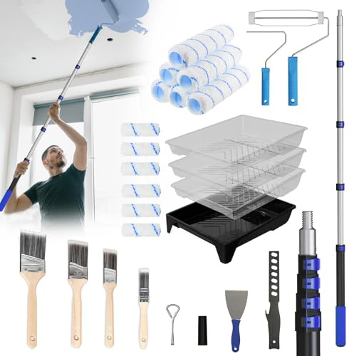 SKGPOLE Paint Roller Kit with 4.4FT Telescoping Extension Pole, 27 PCS Paint Brushes Kit, 4 9 Paint Roller, Paint Trays, Paint Roller Frame, Scraper for Home Interior, Painting Walls, Ceiling, House