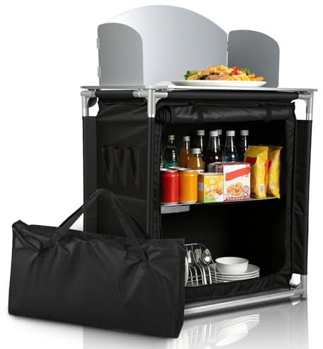Daromigo Profi Campingküche mit hitzebeständiger Alu-Platte – Mobile Outdoor Kochstation mit Windschutz & Kabeldurchlass, Faltbarer Campingschrank stabil für Gaskocher, Grill & Garten