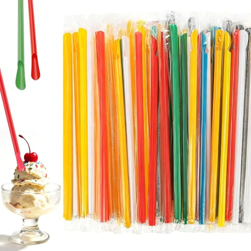 JIRVEX 100 paille plastique avec cuillère 230 x 8 mm colorées réutilisables en PP pour milkshakes, smoothies, paille granité et verres à glace.