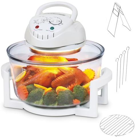 12L Halogen Luftfritös, 1300W Multifunktionell Bänk och Halogenugns Luftfritös med 130-230°C Manuellt Justerbar Temperatur & Timer för Bakning, Grillning, Ångning, Bryning, Rostning white