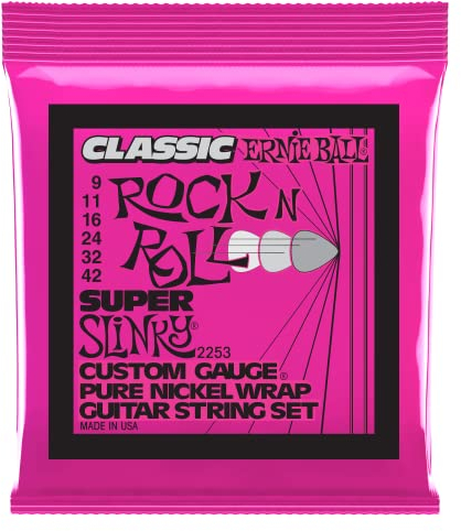 Ernie Ball Super Slinky klassische Rock‘n‘Roll-E-Gitarrensaiten, reine Nickelwicklung, Stärke 9–42