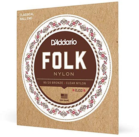 D'Addario Gitarrensaiten Konzertgitarre | Akustikgitarre | Akustik Gitarre Saiten | Classical Guitar Strings | EJ33 Folk Nylon Gitarrensaiten 80/20 Bronze/Clear Nylon Trebles, Ball End