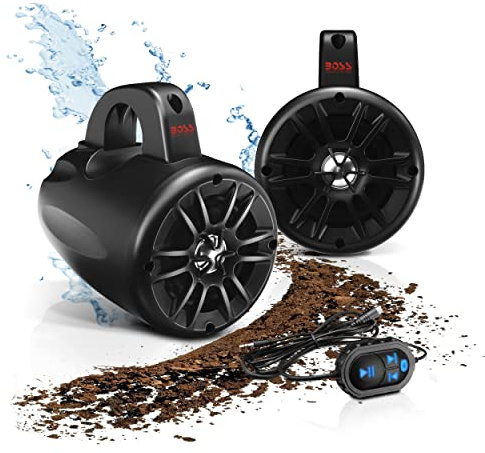 Boss Audio BM40AMPBT 500 W (por par), Bluetooth, Amplificado, 4 Pulgadas, Rango Completo, 2 vías, clasificación IPX5 de Grado Marino/cápsulas de Altavoz Waketower (se Venden en Pares), Controlador