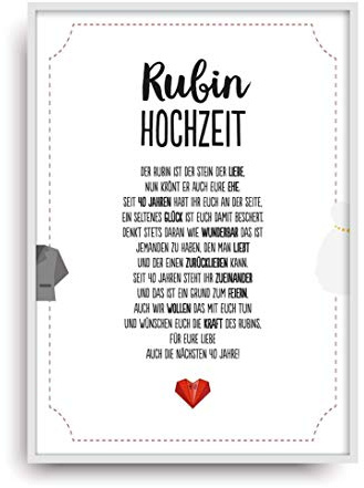 Hochzeit Karte RUBINHOCHZEIT Kunstdruck 40. Hochzeitstag Rubin Brautpaar Bild ohne Rahmen DIN A4
