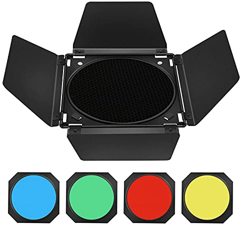 Godox BD-04 Barn Door & Honeycomb Grid &4 Color Gel Filters Compatible for Standard Reflectors Accessories kit