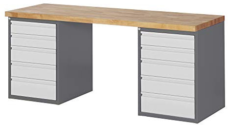 STIER Werkbank Premium, 10 Schubladen, 200x70x89 cm, pulverbeschichteter Stahl und Buche, ideal als Montagewerkbank, robust und vielseitig, perfekt für professionelle Werkstattanforderungen