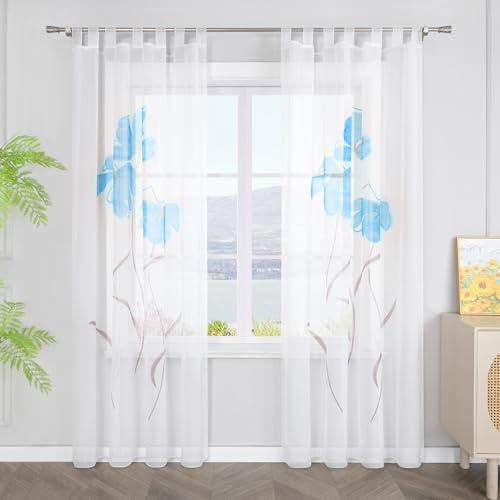 SCHOAL Gardinen mit Schlaufen Transparente Vorhänge Voile Fensterschal Modern Blumen Muster 1 Stück BxH 150x145cm Blau