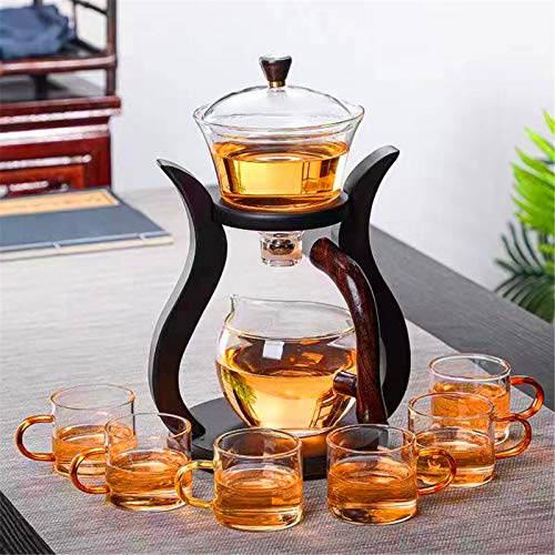 MOZEO Semi-Automatic Glass Kung Fu Tea Teapot Set with 6pcs Bowl, Clear, 0.7L, Glass Lid
