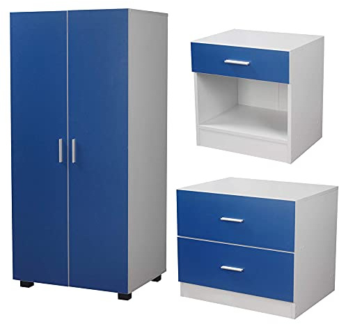 URBNLIVING Orlando 3 Piece Wooden Kids Bedroom Set Wardrobe Chest Cabinet Bedside Table (Blue)