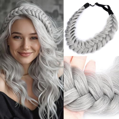 BOBIYA Messy Wide 2 Stränge Kunsthaar Geflochtenes Stirnband Haarband geflochtenes Gummiband Haarband Geflochten (Stahl grau)