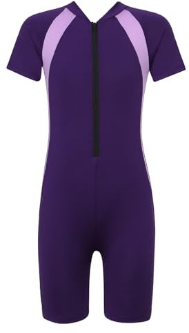 Runhomal Kinder Mädchen Neoprenanzug Surfanzug Einteiliger Badeanzug Kurzarm Schwimmanzug Bodysuit Knielang Beachwear Taucheranzug Schnelltrocknend Violett 110-116