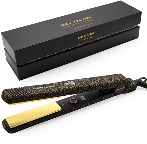 Corioliss C-Style | Hair Straightener for Women | Professional Titanium Plates | Ionic Flat Iron | Temperature Control 165°C to 220°C | Straightening and Waves | UK Plug | Leopard Gold