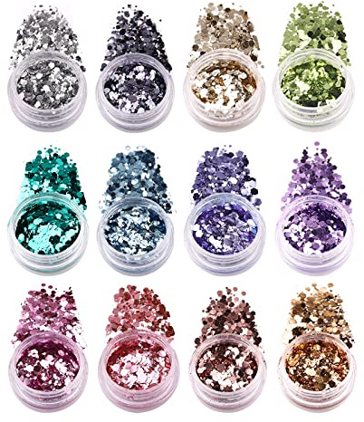12 Glitzerpuder Pailletten BISHENGYF: Upgrade Glitzer Gesicht Holografische Meerjungfrau Pulverflocken, Metallisch Glänzende Glitzer Basteln Aluminium Pulver Flocken für Nagelkunst &Handwerk DIY
