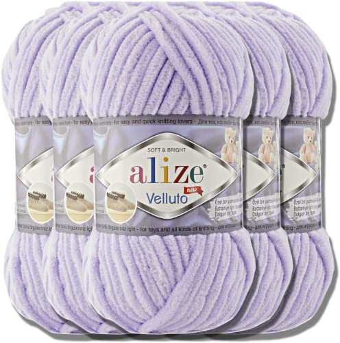 Hobby YARN Alize Velluto 5x 100g Türkische Strickwolle super Bulky Wolle zum Häkeln Uni Farbe Babywolle Flauschgarn Filzwolle Kuschelwolle (Lilac | 146)