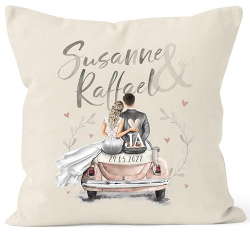 SpecialMe® personalisierbares Kissen Geschenk Hochzeit mit Namen und Datum Auto Brautpaar Hochzeitstag Jahrestag Natur Standard
