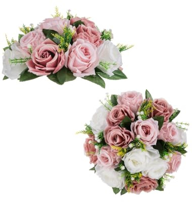 BLOSMON Blumenstrauß Blumengestecke Künstlich Deko Rose 2 Pcs Staubrosa Künstliche Blumenstrauss Blumen Tischdekoration Blumenkugel Valentinstag Rosenstrauss Echt for Hochzeit Muttertagsgeschenk