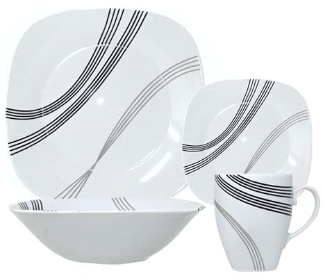 Reldor 16-Piece Square Porcelain Dinner Set for 4 – 4 Dinner Plates, 4 Side Plates, 4 Bowls, 4 Mugs, Microwave/Dishwasher Safe, Highly Resistant, Ideal for Daily Use and Gifting–Black Grey Stripe
