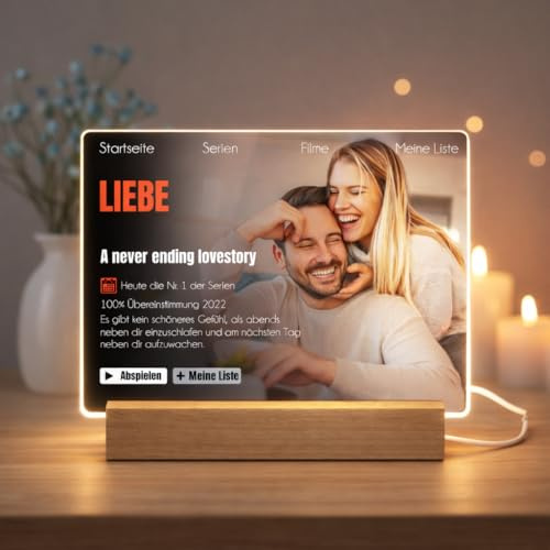 Beleuchtetes Foto Nachtlicht - Netflix Bild personalisiert mit LED Beleuchtung - Acryl Glasbild im Filmcover Design - persönliches Jahrestag Geschenk für Freundin Partner