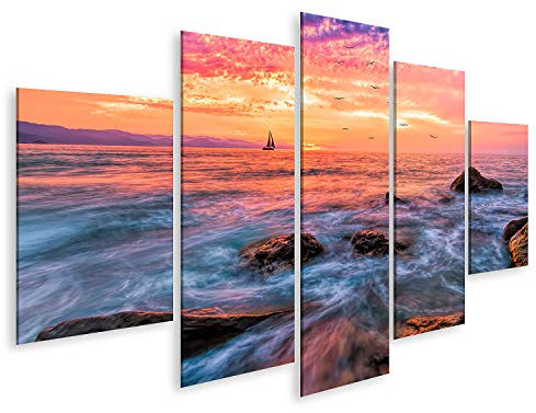 islandburner Bild auf Leinwand Segelboot Sonnenuntergang Ozean Vögel lebendige Bunte Himmel Segeln als Fliegen Entfernung Wandbild Leinwandbild Bilder für Wohnzimmer GKWG-MFP