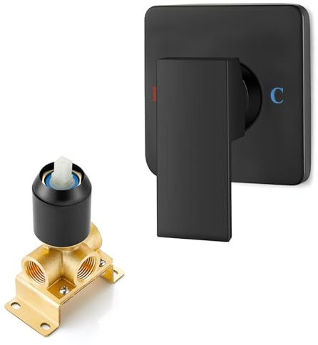 Heyalan Bathroom Shower Valve Mixer Single-Function Single Handle Trim Kit Wall Mount Brass Faucet Shower Rough-In Valve Female Thread,Square,Matte Black