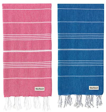 Blue Beach Turkish Towel - Juego de 2 toallas turcas grandes de 100 x 180 cm, superabsorbentes, de secado rápido, ligeras, compactas para natación, baño, gimnasio y viajes (azul + fucsia)