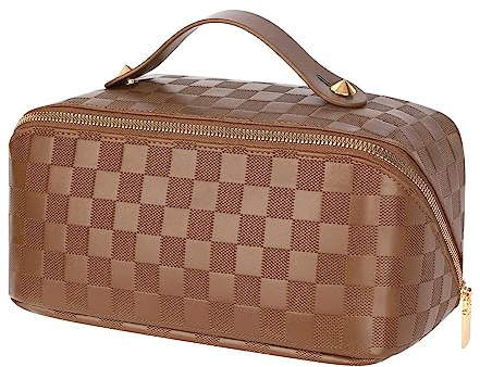 Hurluksi Makeup Bag, PU Travel Cosmetic Bag Large Capacity Cosmetic Case Portable Zipper Toiletry Bag with Dividers and Handle for Women Girls (Brown)