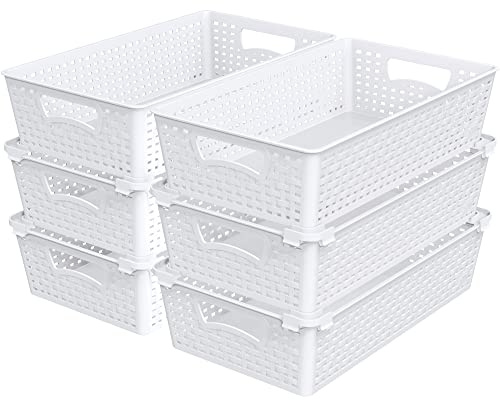 Simple Houseware Plastic Stackable Storage Basket Pantry Organizer, 6 Pack, 14.5 x 8.5 x 3.5, White